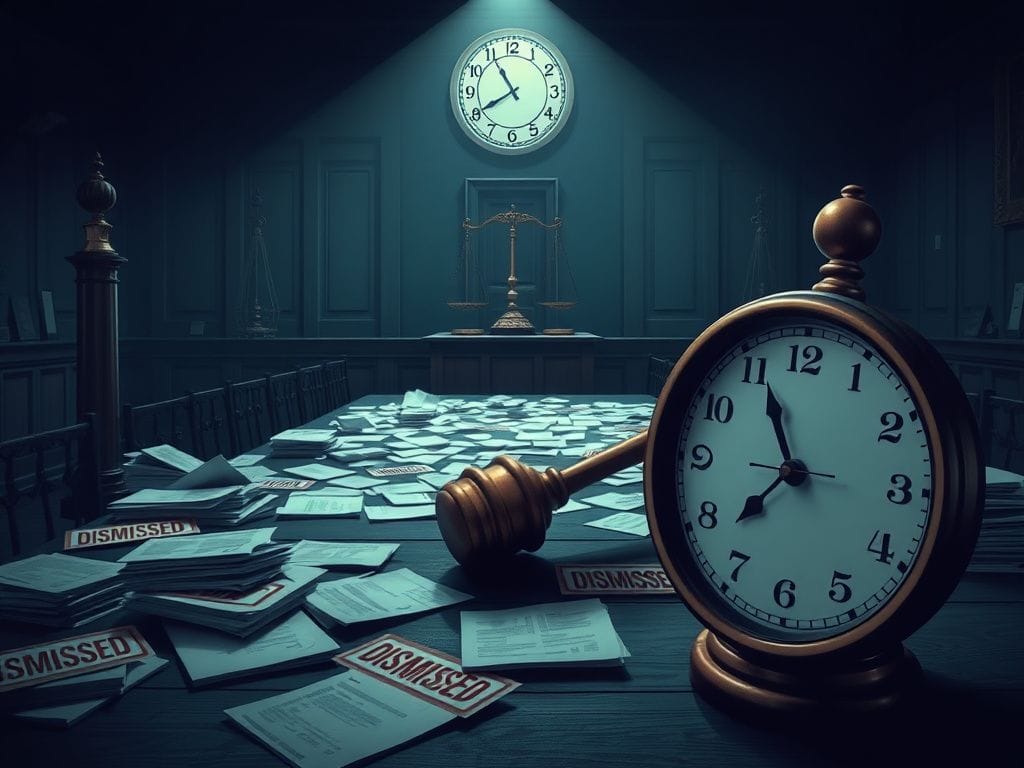 Flick International Chaotic courtroom scene with disorganized papers and overturned gavel