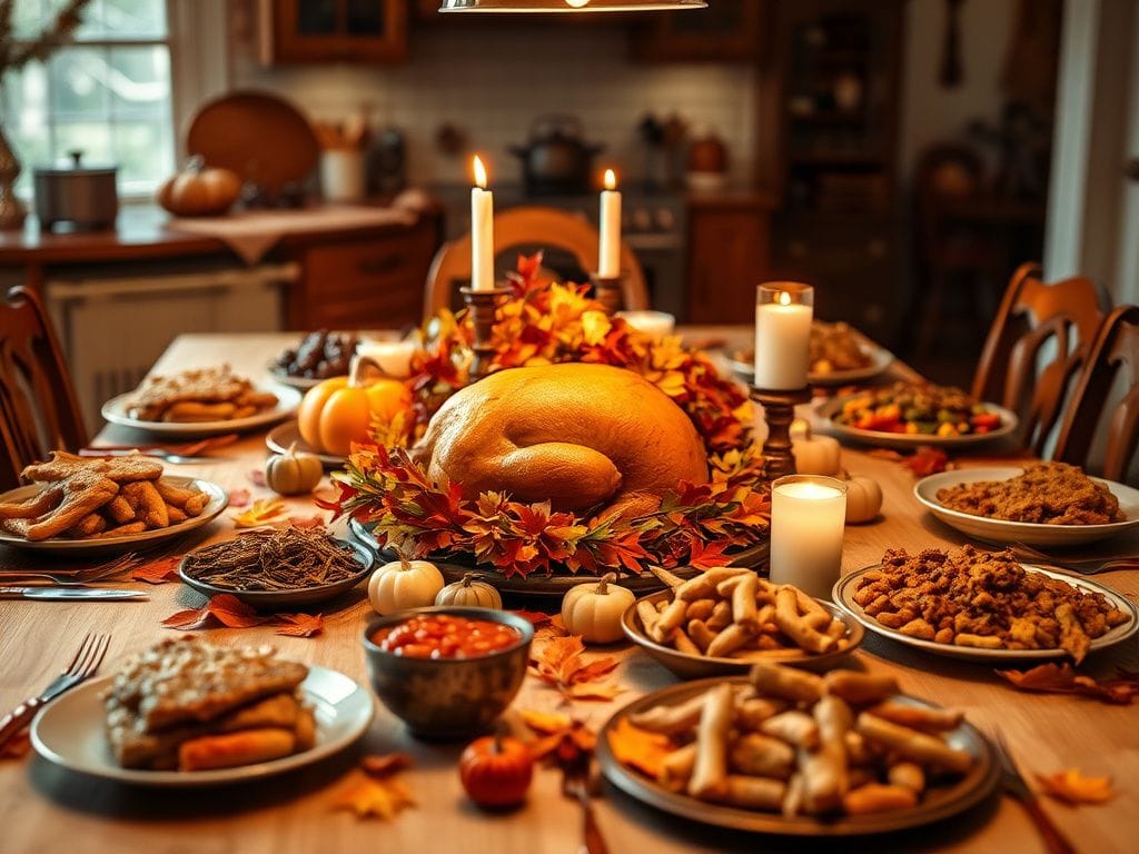 Flick International A beautifully set Thanksgiving table with traditional dishes and warm, autumnal decorations