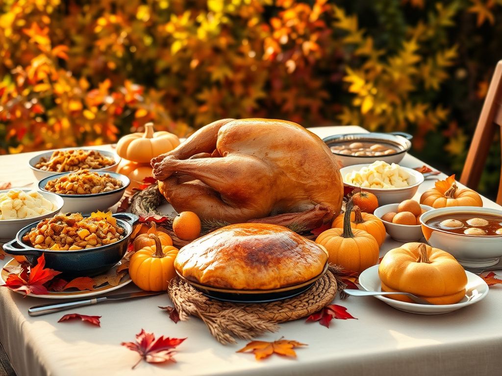 Flick International A beautifully set Thanksgiving dining table outdoors featuring a roasted turkey and festive dishes