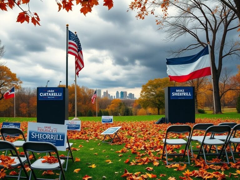 Flick International A political rally scene in New Jersey with empty podiums and a waving American flag