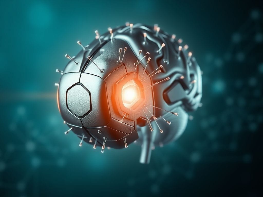 Flick International Close-up of a futuristic brain-computer interface device designed to restore speech.