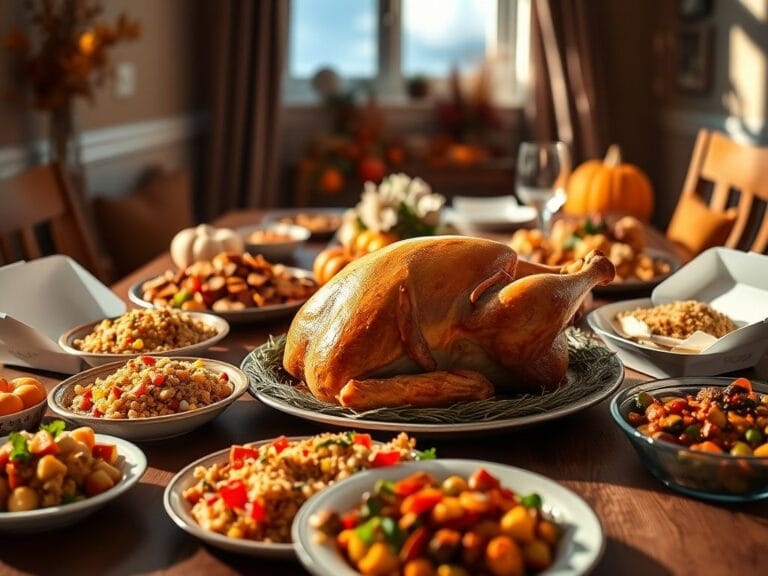 Flick International A beautifully arranged Thanksgiving table showcasing a classic roasted turkey and diverse side dishes