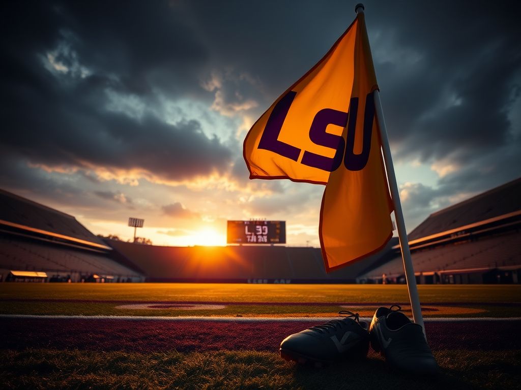 Flick International A dramatic college football stadium scene with LSU colors at sunset