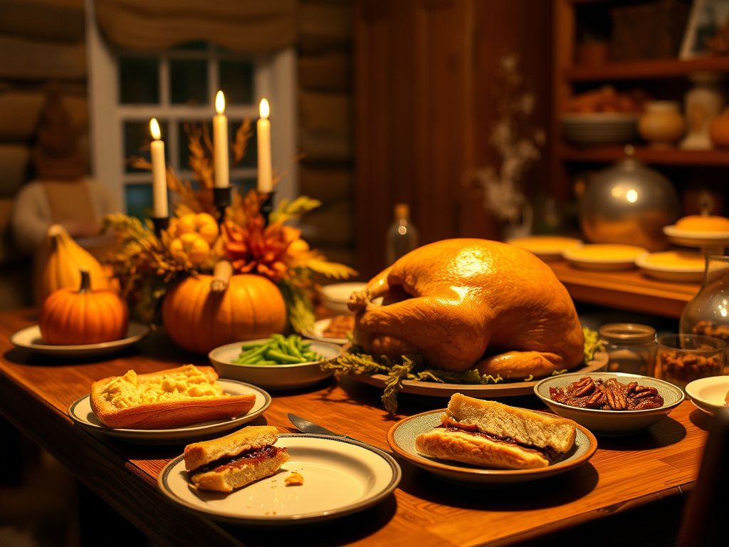 Flick International Cozy kitchen scene on Thanksgiving night featuring a festive dining table with a golden-brown turkey and autumnal centerpiece.
