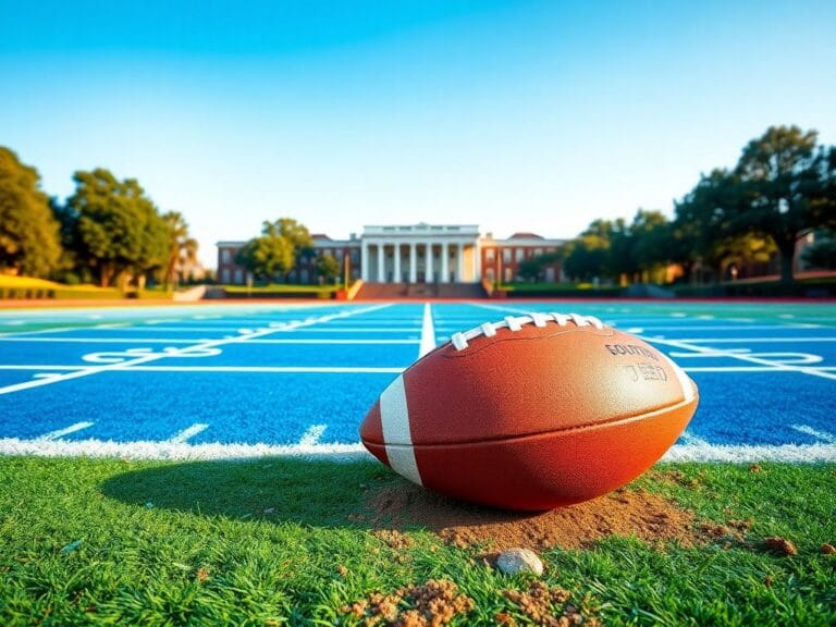 Flick International Vibrant football field at Southern University showcasing blue and gold colors under a clear blue sky