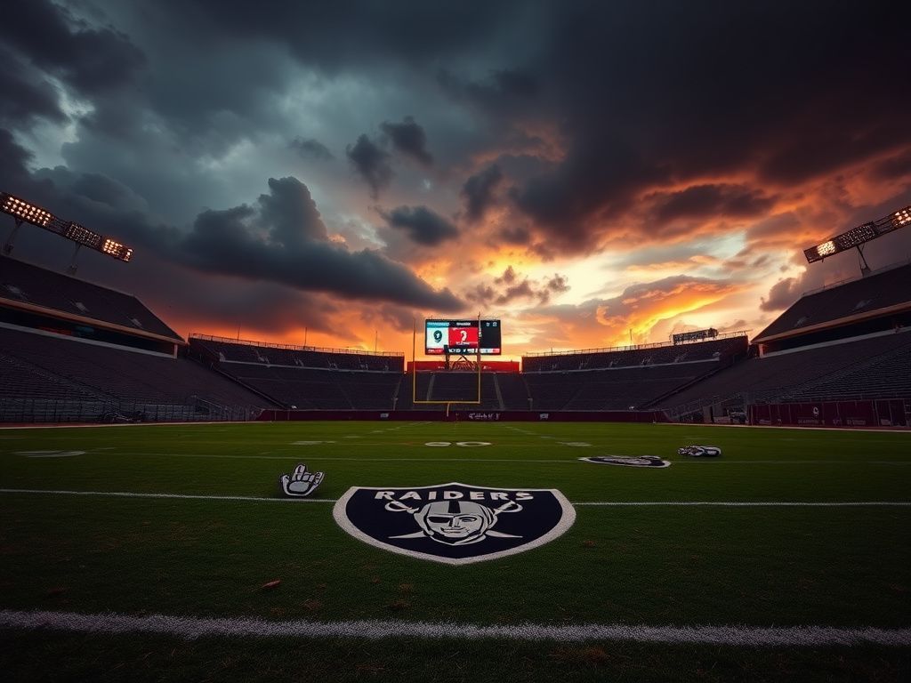 Flick International A deserted football field at sunset with the Las Vegas Raiders' end zone visible