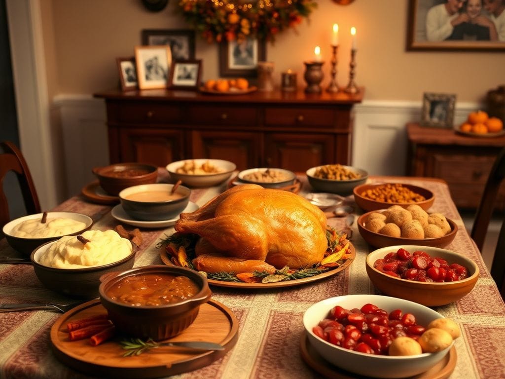 Flick International Beautifully set Thanksgiving dining table with family heirloom decorations and classic dishes.