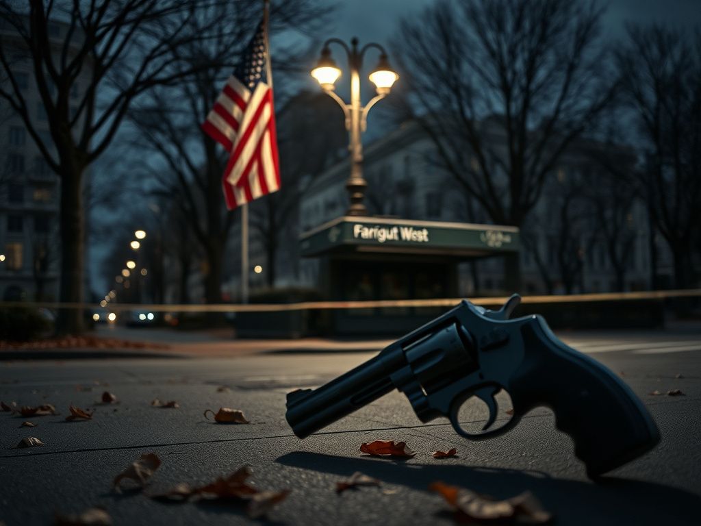 Flick International A dimly lit deserted street corner near the White House with a broken streetlight and a faded American flag