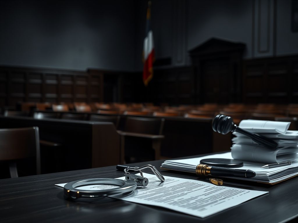 Flick International Open handcuffs on a courtroom table symbolizing restraint and justice.