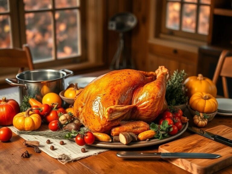 Flick International A beautifully golden-brown deep-fried turkey at a rustic Thanksgiving table surrounded by seasonal vegetables.