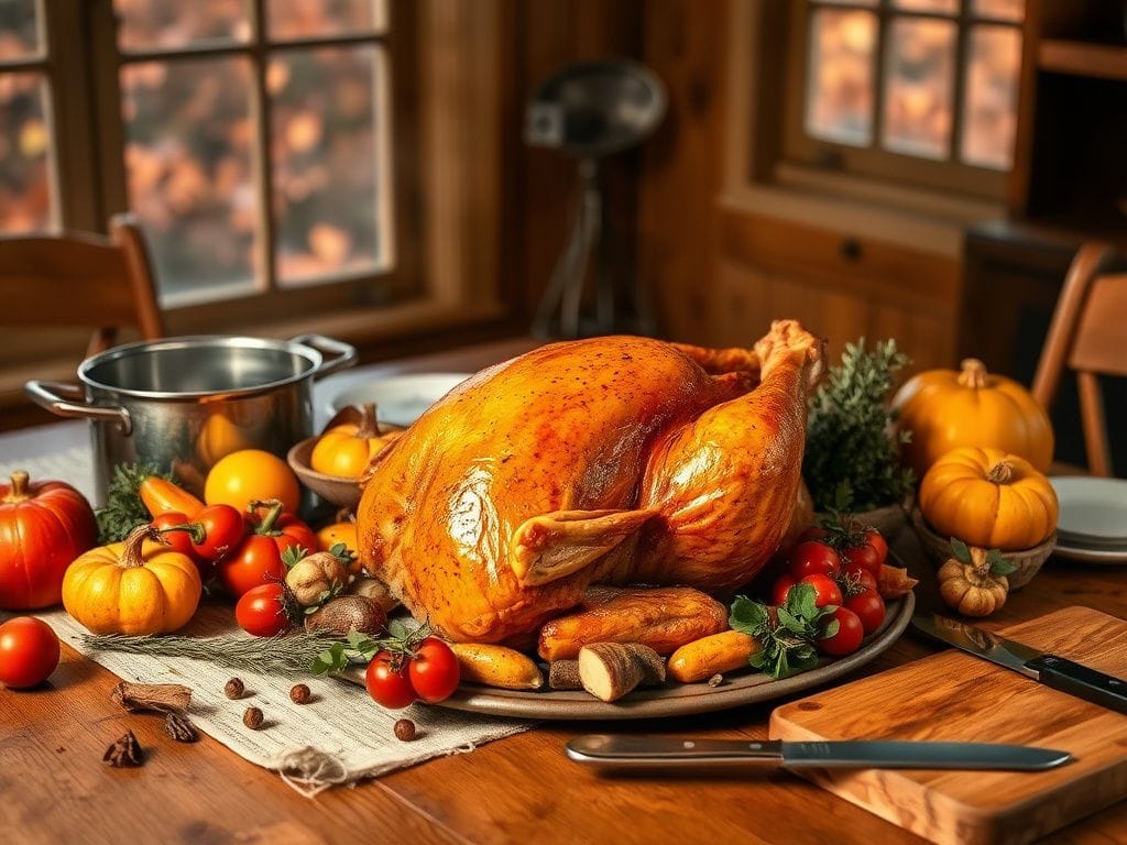 Flick International A beautifully golden-brown deep-fried turkey at a rustic Thanksgiving table surrounded by seasonal vegetables.