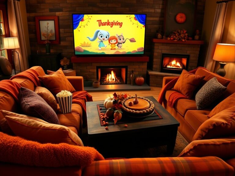 Flick International Cozy living room set up for Thanksgiving movie night with blankets and pillows