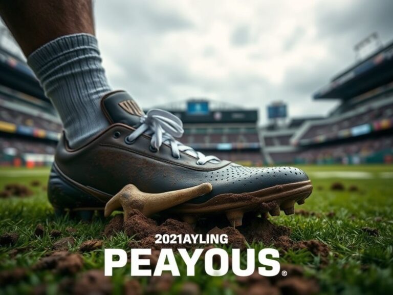 Flick International Close-up of a football player's cleat on a muddy field with a fractured fibula superimposed