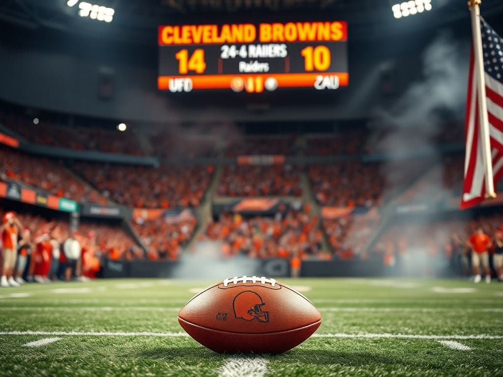 Flick International A football resting on the 50-yard line in a vibrant stadium filled with cheering Cleveland Browns fans.