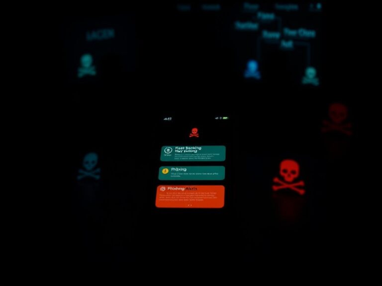 Flick International Dimly lit smartphone screen displaying a digital banking app with alert symbols and hacker icons