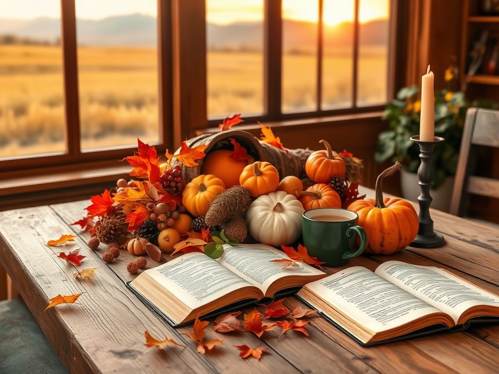 Flick International Serene Thanksgiving setting with rustic wooden table adorned with autumn fruits and open Bible