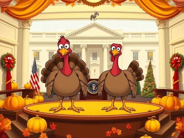 Flick International Cartoon turkeys named Gobble and Waddle on a stage resembling the White House press room