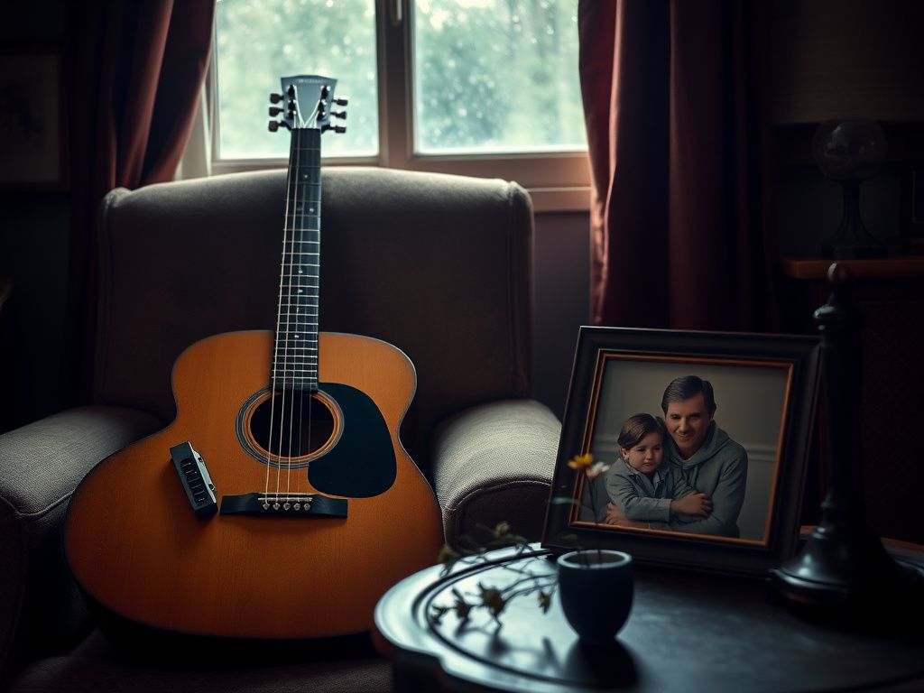 Flick International Vintage acoustic guitar and framed photograph depicting a father and son in a melancholic living room scene
