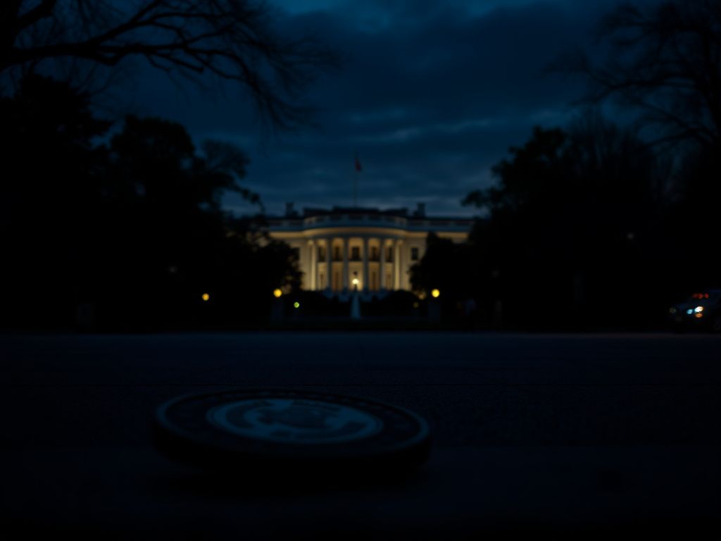 Flick International A somber cityscape of the White House at dusk, with shadows of trees and buildings surrounding it.