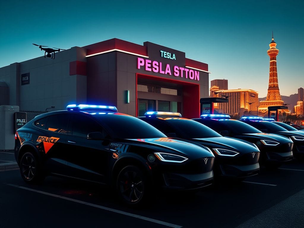Flick International Sleek, bulletproof Tesla Cybertrucks parked in front of a modern Las Vegas police station under neon lights