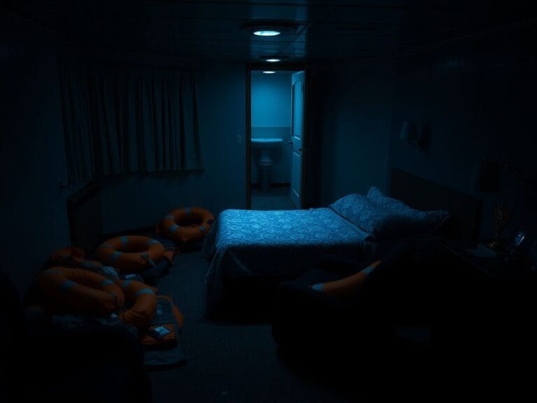 Flick International Dark interior of a Carnival cruise ship cabin with a cheerleading trophy on the bedside table