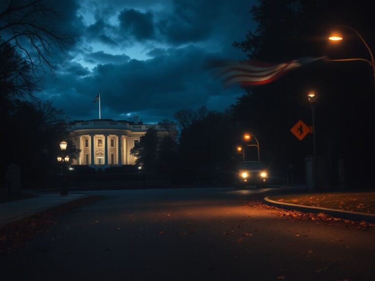 Flick International Nighttime view of the White House surrounded by shadows and dark clouds, symbolizing tension and instability