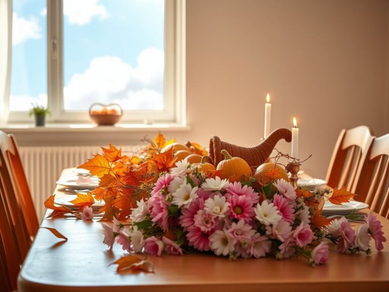 Flick International A cozy Thanksgiving dining table set with autumn decorations and flowers