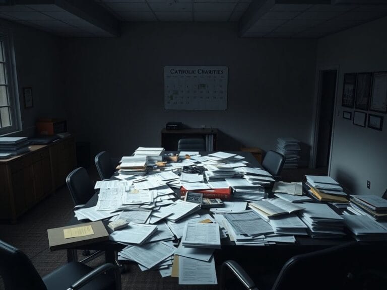 Flick International Interior of a chaotic non-profit office highlighting grant violations and migrant record issues