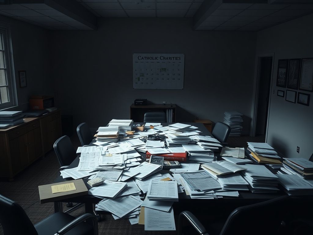 Flick International Interior of a chaotic non-profit office highlighting grant violations and migrant record issues