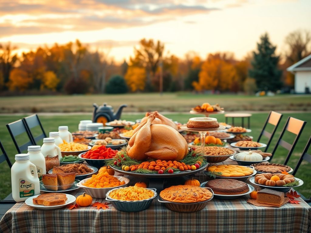 Flick International A large Thanksgiving table set outdoors with roasted turkey and festive decorations