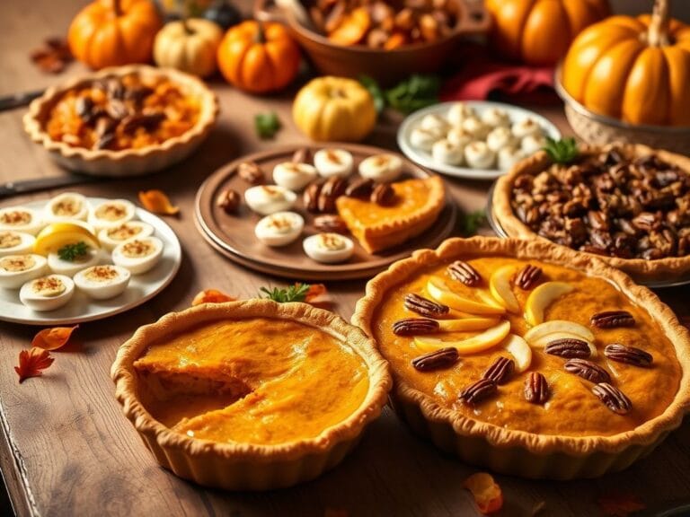 Flick International A beautifully arranged Thanksgiving feast featuring a deep dish apple pie, pumpkin pecan pie, and deviled eggs.