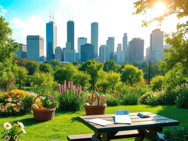 Flick International Serene urban landscape of Cook County, Illinois with Chicago's iconic buildings in the background and a peaceful park scene in the foreground.