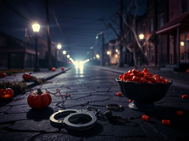 Flick International Eerie urban landscape on Halloween night with handcuffs and a shattered candy bowl