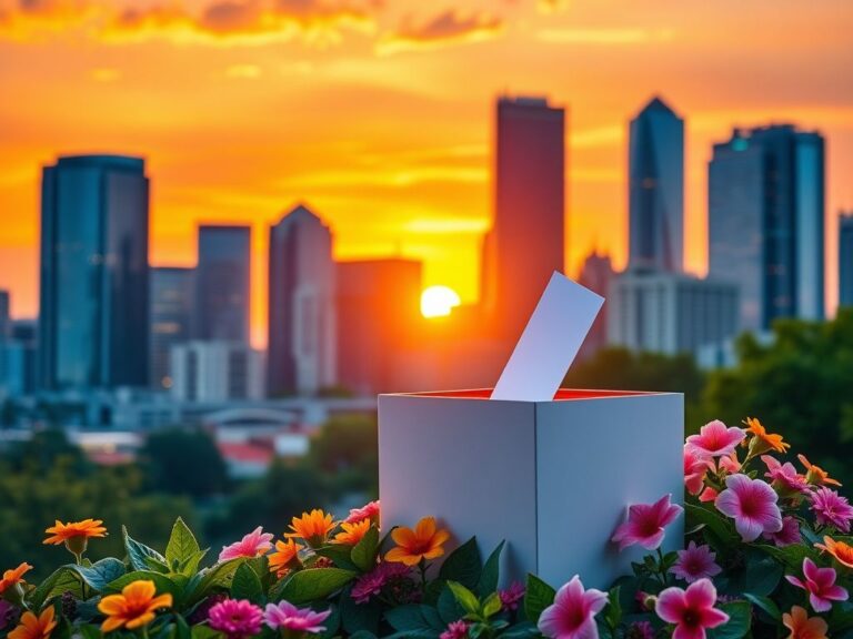 Flick International Vibrant city skyline at sunset with a symbolic ballot box in the foreground