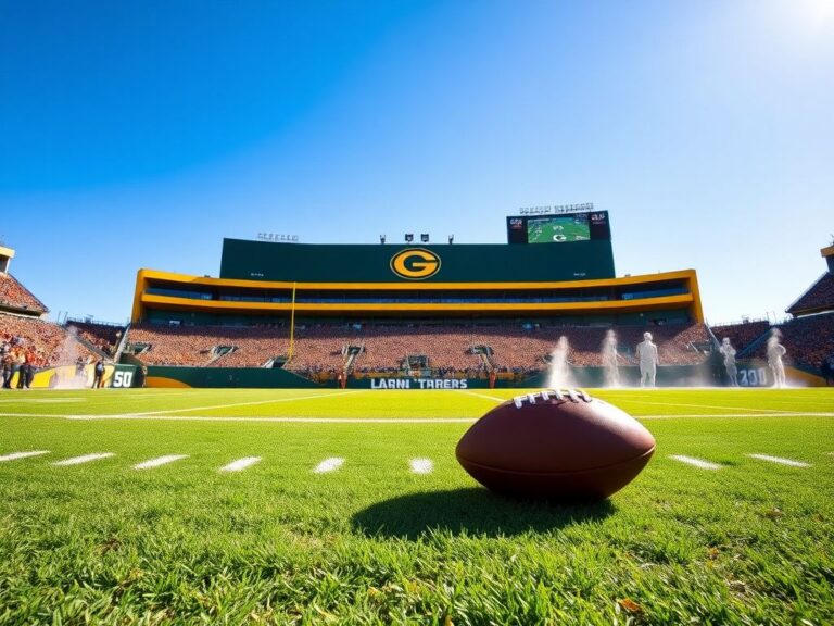 Flick International A dynamic football field scene showcasing a Packers logo at the end zone under a bright autumn sky