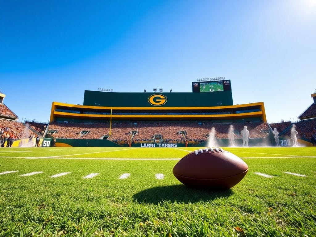 Flick International A dynamic football field scene showcasing a Packers logo at the end zone under a bright autumn sky