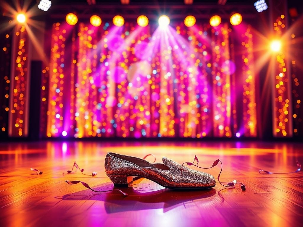 Flick International Vibrant dance floor with abandoned shimmering shoes and musical notes symbolizing Whitney Leavitt's journey in Dancing with the Stars