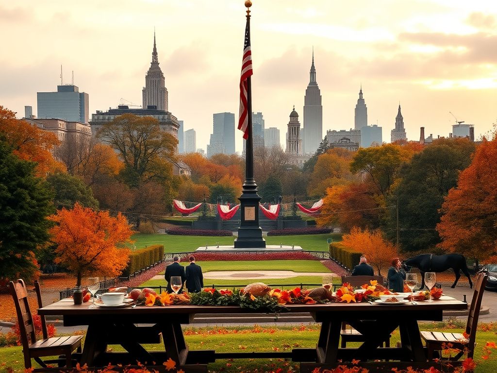 Flick International Historical scene celebrating Evacuation Day in New York City, featuring a flagpole with the Stars and Stripes surrounded by autumn foliage.