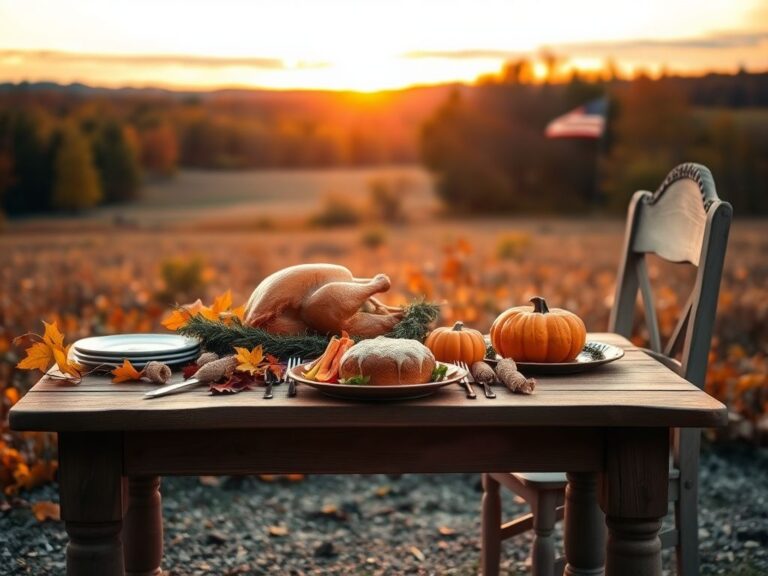 Flick International Serene autumn landscape with Thanksgiving feast and empty chair for Angel Families