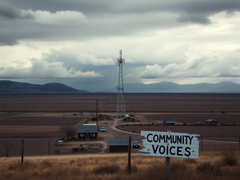 Flick International A somber landscape depicting a rural community with a public broadcasting station amidst empty fields and distant mountains