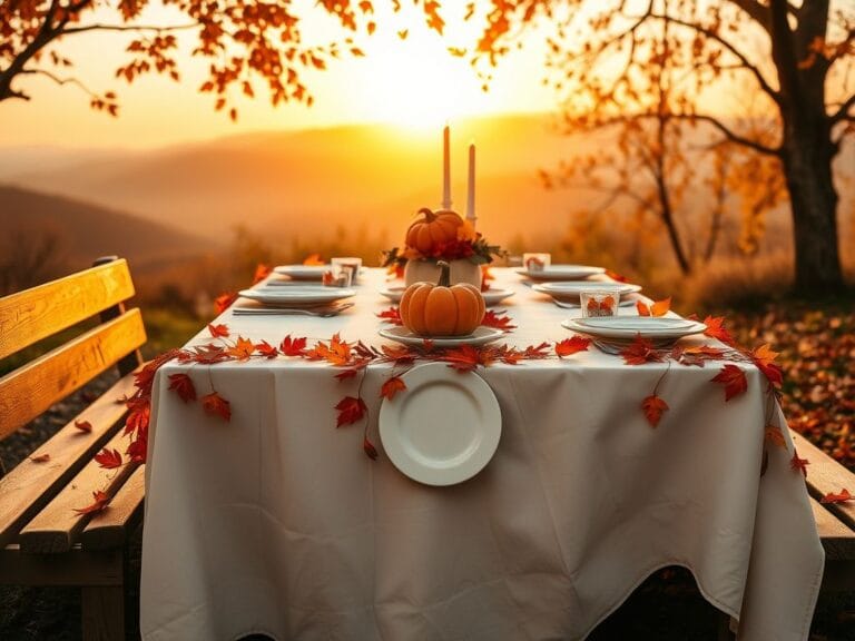 Flick International Serene Thanksgiving table set outdoors with autumn leaves and a sunset backdrop