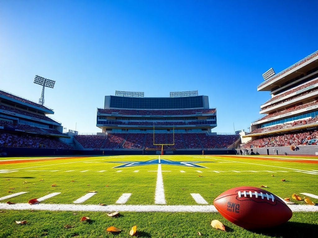 Flick International Vibrant football field with Dallas Cowboys logo and Kansas City Chiefs emblem under clear blue sky