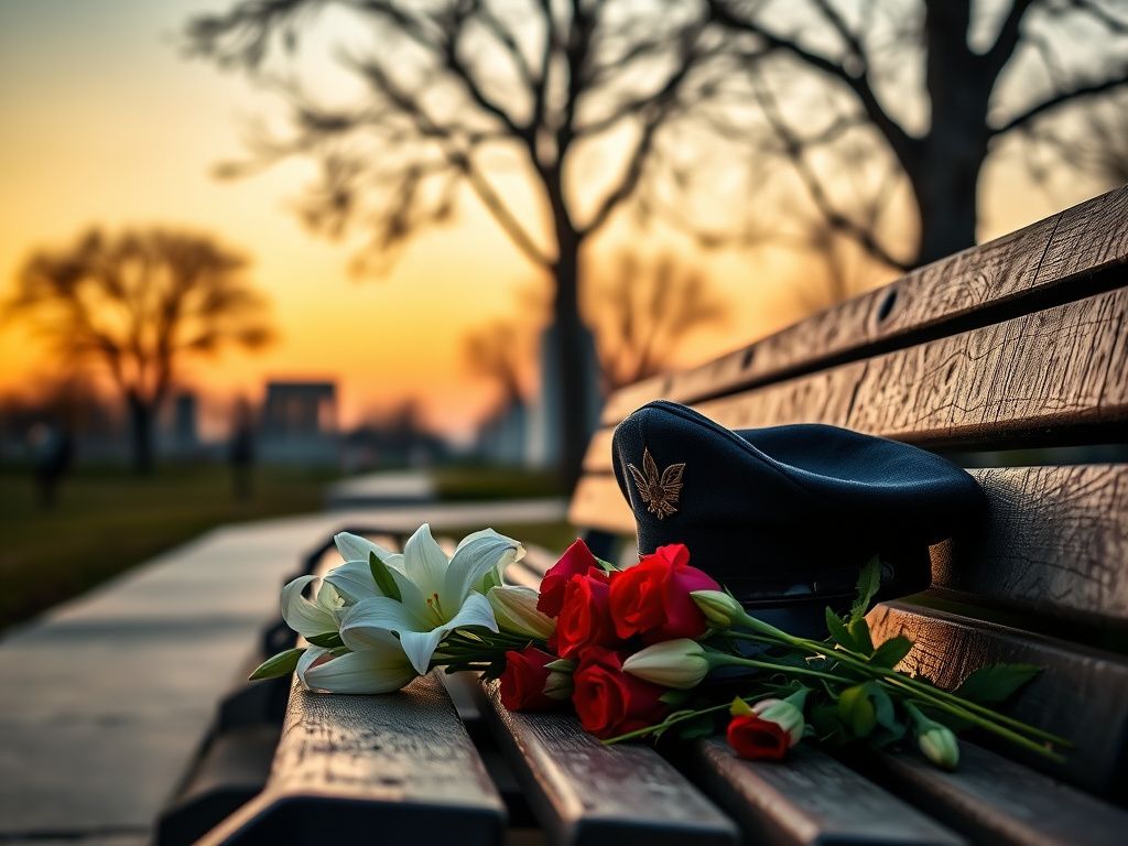 Flick International Military service cap resting on a bench surrounded by flowers in a Washington, D.C. park