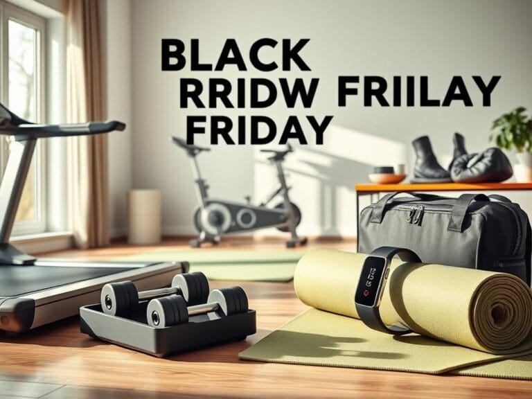 Flick International well-lit home gym scene featuring fitness equipment for Black Friday deals including a treadmill, adjustable dumbbells, and an exercise bike
