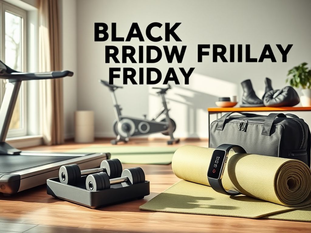 Flick International well-lit home gym scene featuring fitness equipment for Black Friday deals including a treadmill, adjustable dumbbells, and an exercise bike