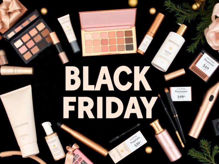 Flick International Beautifully arranged flat lay of Black Friday beauty products including makeup sets, skincare bottles, and styling tools.