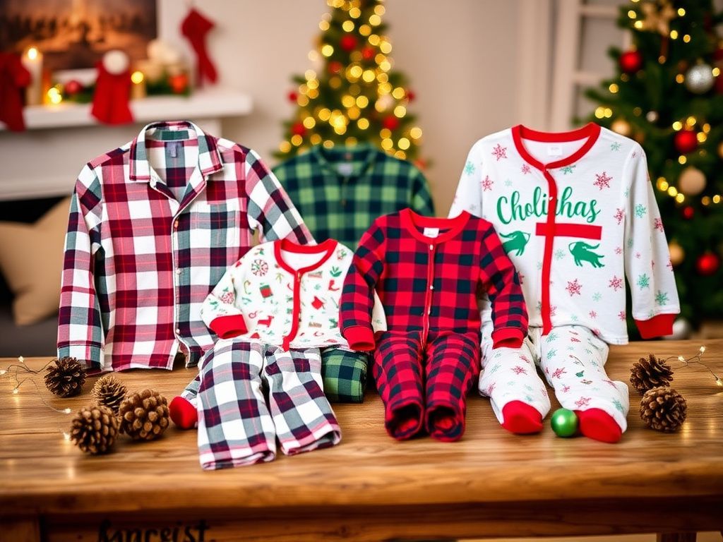 Flick International Cozy festive family pajamas displayed on a rustic wooden table