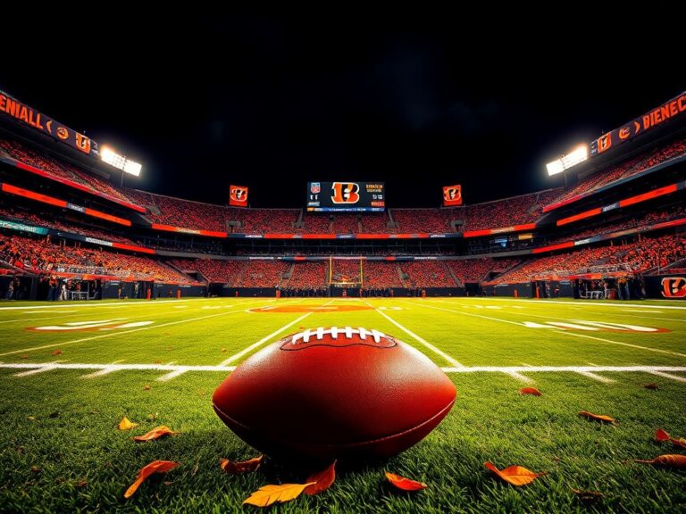 Flick International Cincinnati Bengals football stadium illuminated at night during Thanksgiving with banners and flags
