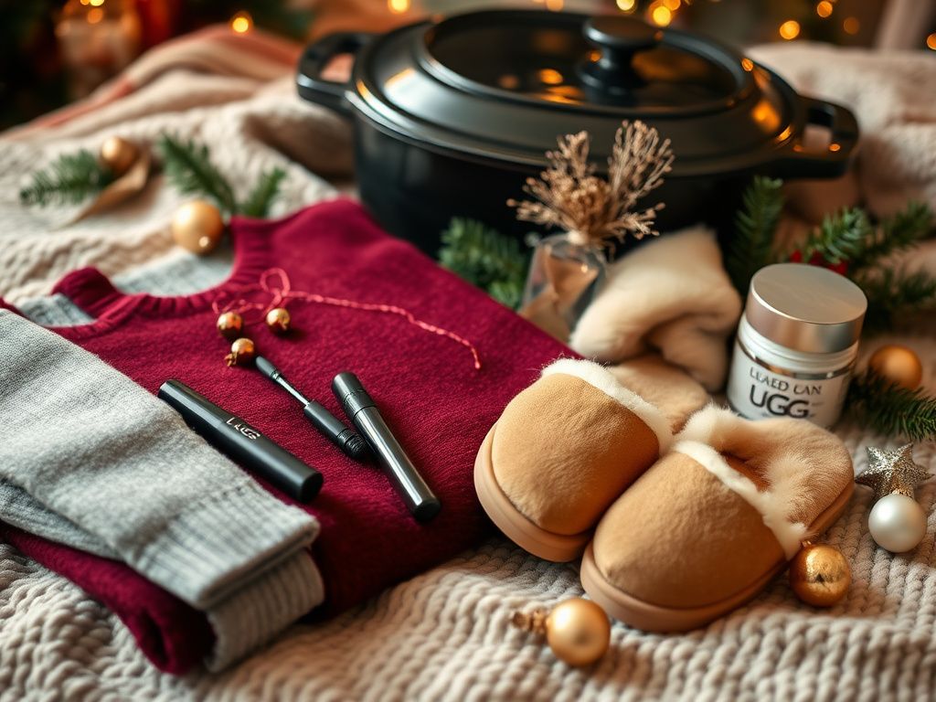 Flick International Cozy cashmere sweater and UGG slides displayed amidst holiday decorations