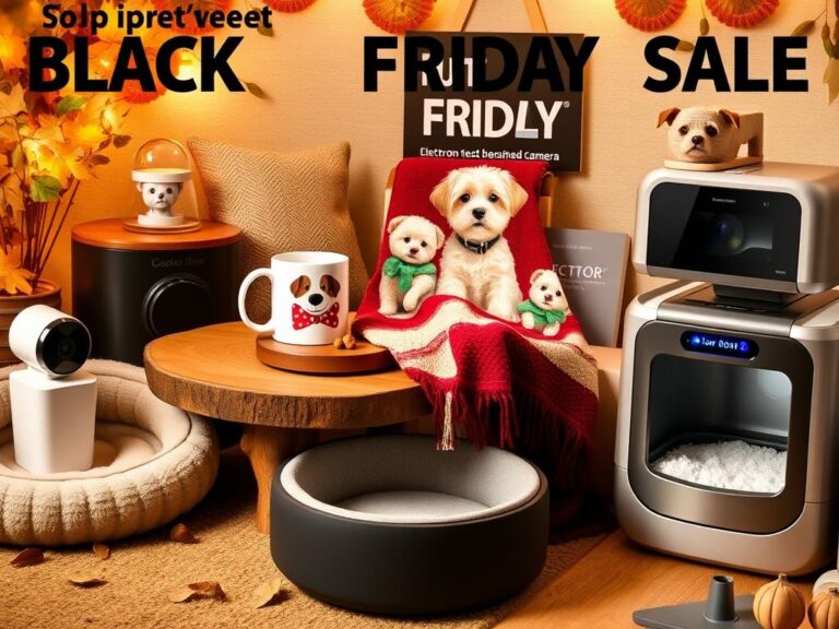 Flick International Cozy pet product display featuring a custom pet portrait mug, vibrant blanket, modern treat-dispensing camera, stylish dog bed, and innovative litter box.